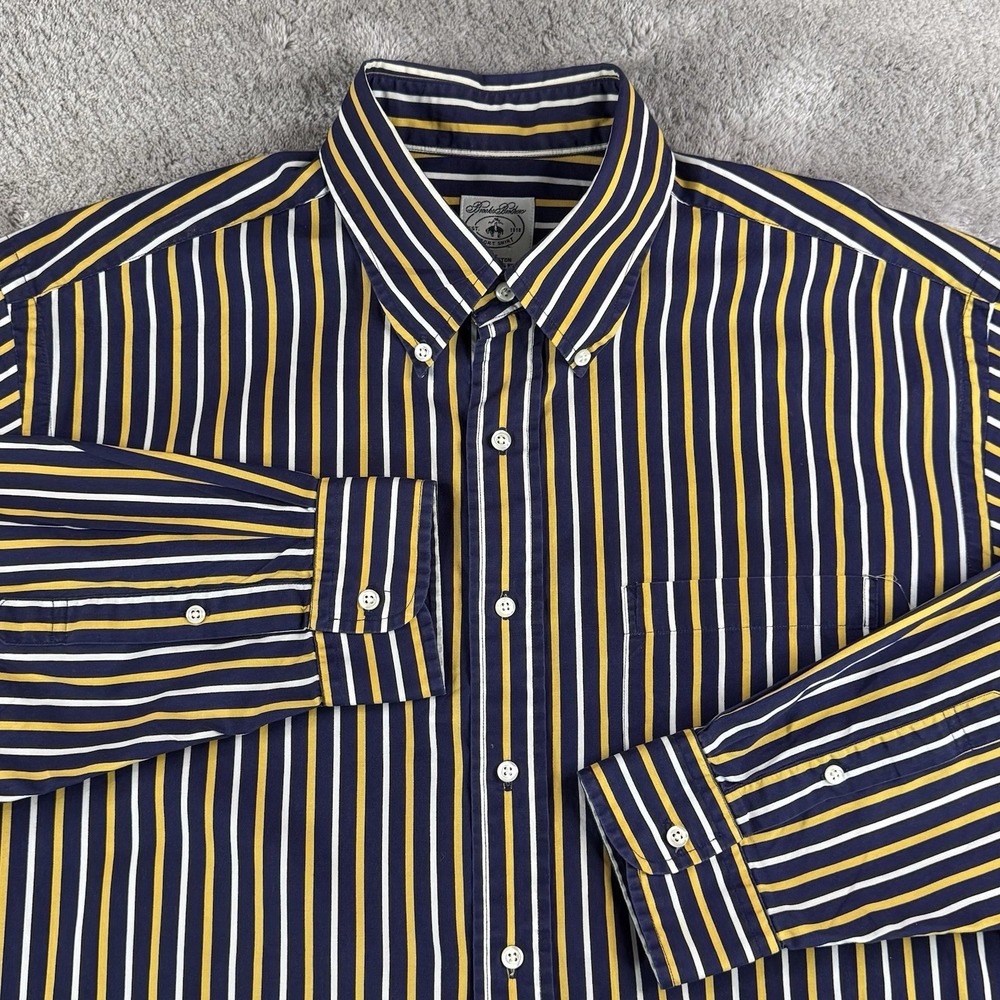 Brooks Brothers Vintage Sport Shirt Men L Blue Yellow Stripe Button Up Hong Kong